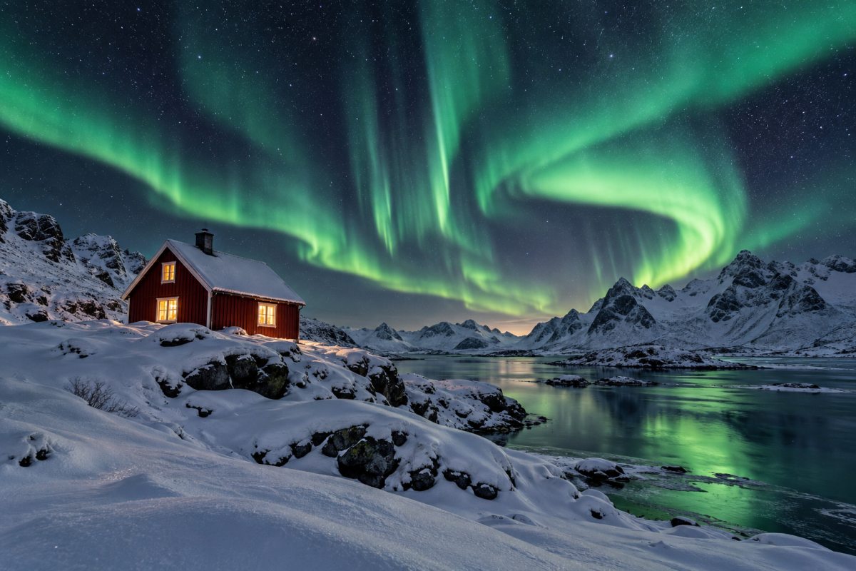 Rote Hütte unter grüner Aurora und isländischem Sternenhimmel