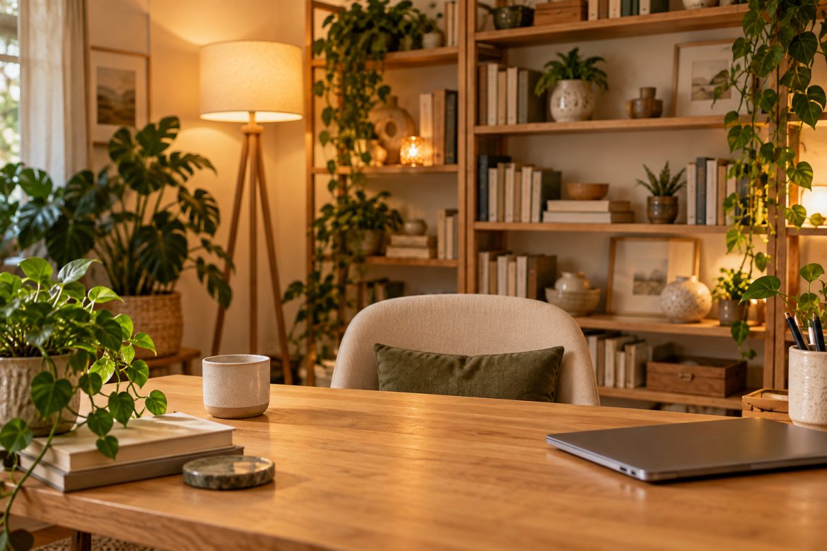 Gemütliches Creator-Studio mit Holzregalen, Pflanzen und warmer Lampe