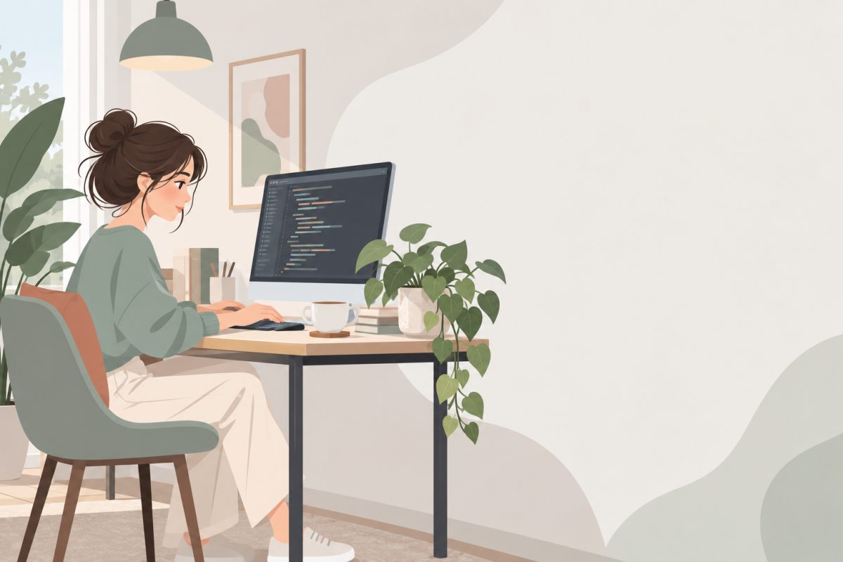 Flat-Vector-Banner mit einer programmierenden Frau, Pflanzen und Kaffee