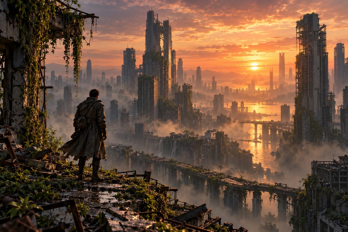 Entdecker vor einer überwucherten Cyberpunk-Stadt in der Abenddämmerung