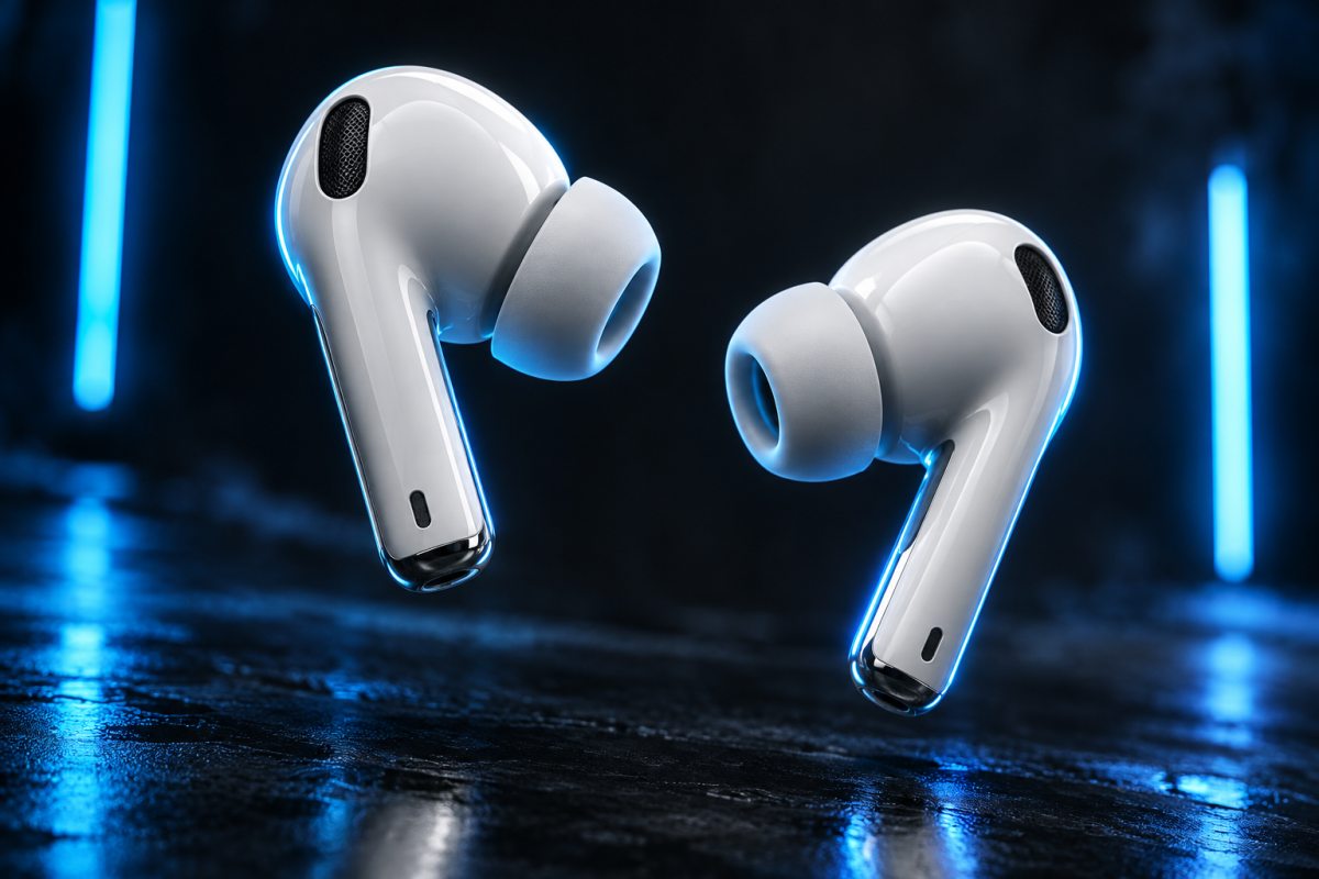 White wireless earbuds with blue neon rim lighting