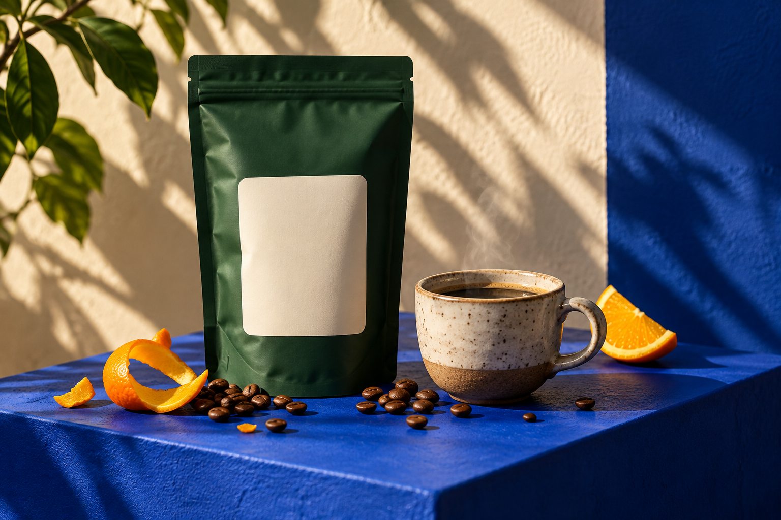 Specialty coffee campaign product on a cobalt-blue set