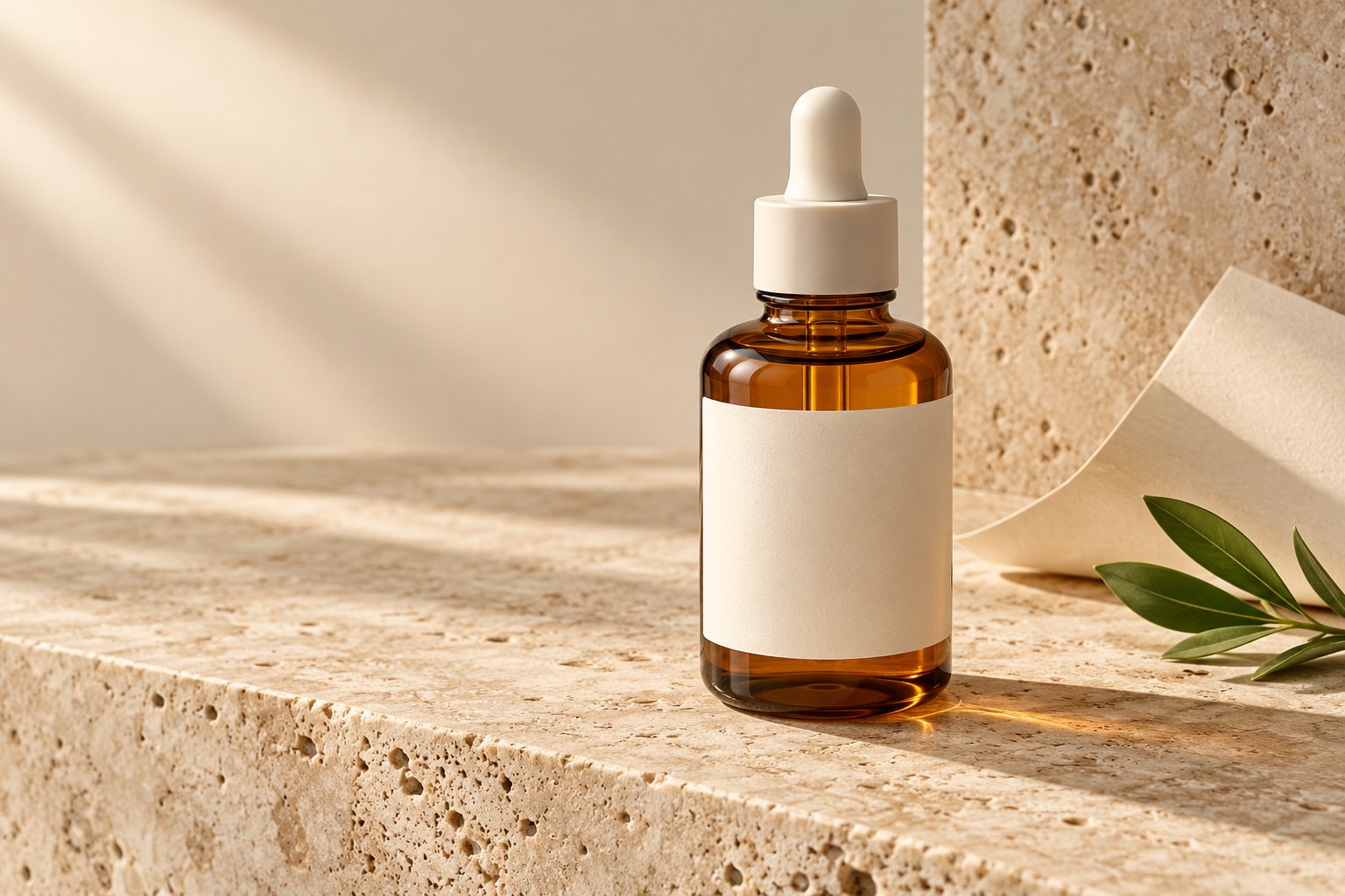 Amber skincare bottle staged for an ecommerce product image